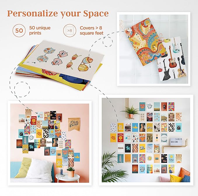 HAUS AND HUES Hippie Posters - Aesthetic Wall Collage Kit for Teen Room Decor | Hippie Room Decor Collage Kit, Set of 50
