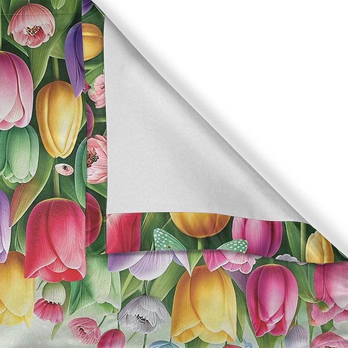 Ambesonne Spring Valance & Tier Curtain 3 pcs Set, Colorful Tulip Garden and Flying Butterflies with Vintage Polka Dots, Window Treatments for Kitchen Room Decor, 55" x 30", Mint Green and Multicolor