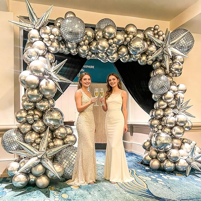 16PCS Disco Ball Balloons, 32in 22in 10in Large 4D Metallic Silver Disco Balloons Foil Balloon for 70s 80s 90s Discos Party Birthday New Year Graduation Party Decorations