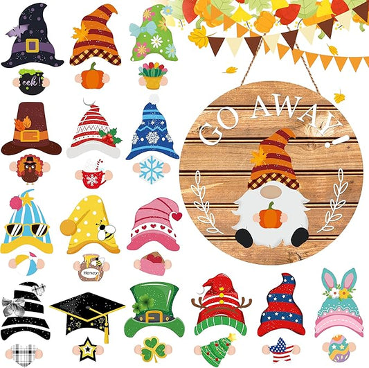 Seasonal Gnome Wall Decor Set, 11.8 inch Wooden Round Sign with Interchangeable Holiday Hats, Welcome Door Hanging (Delicate)