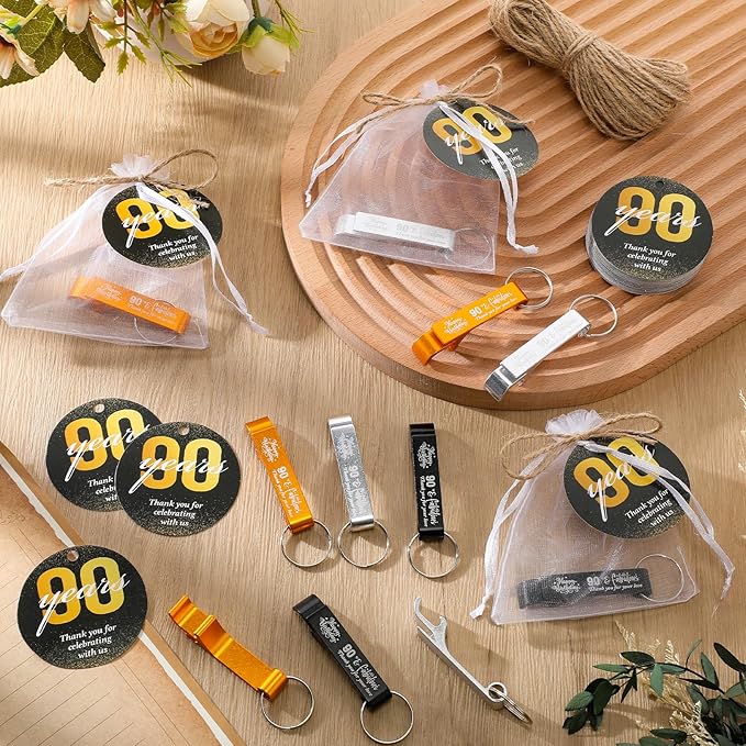 Dandat 54 Sets 90th Birthday Party Favors for Guests Birthday Beer Opener Keychain Cheers to 90 Bottle Opener Keychain with Thank You Cards and Gift Bags for Anniversary Wedding Party Favors