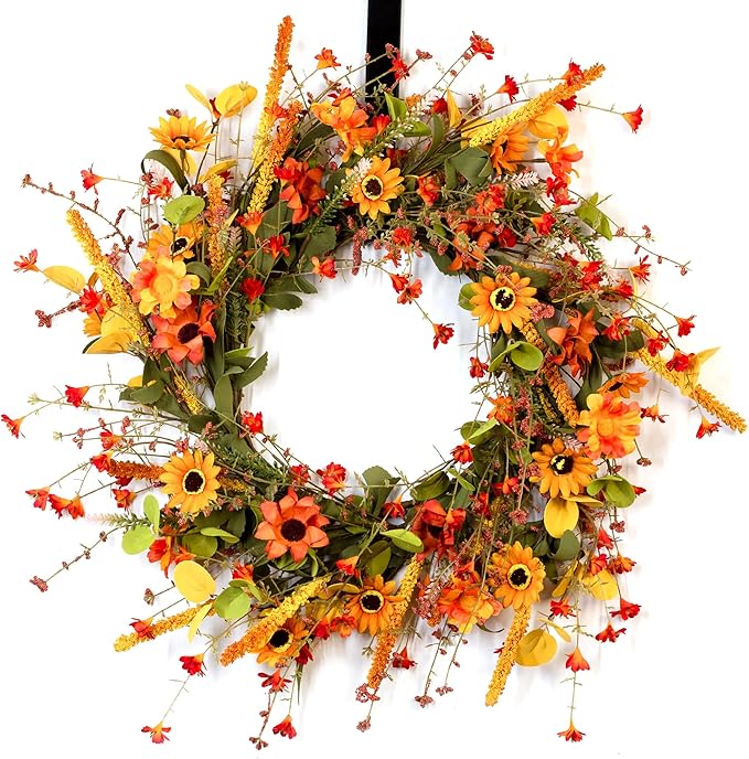 22" Fall Wreath for Front Door with Hanger Artificial Flowers Autumn Decor Berries Sunflowers Daisy Thanksgiving Decorations, Farmhouse Indoor/Outdoor