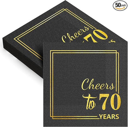 70th Birthday Cocktail Party Napkins-50PCS 13 * 13 inches Cheers to Years Disposable Paper Napkins for Birthday Wedding Anniversary Decorations Party Props Supplies Black and Gold (70th Napkins)