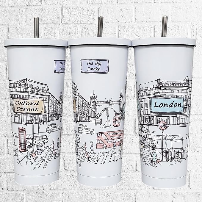 Cities Around the World 25 Oz Tumbler Series - Designed in the USA - Vacuum Insulated Tumbler with Lids & Straw - Stainless Steel Coffee Water Travel Mug, for Hot Cold Drink (London)