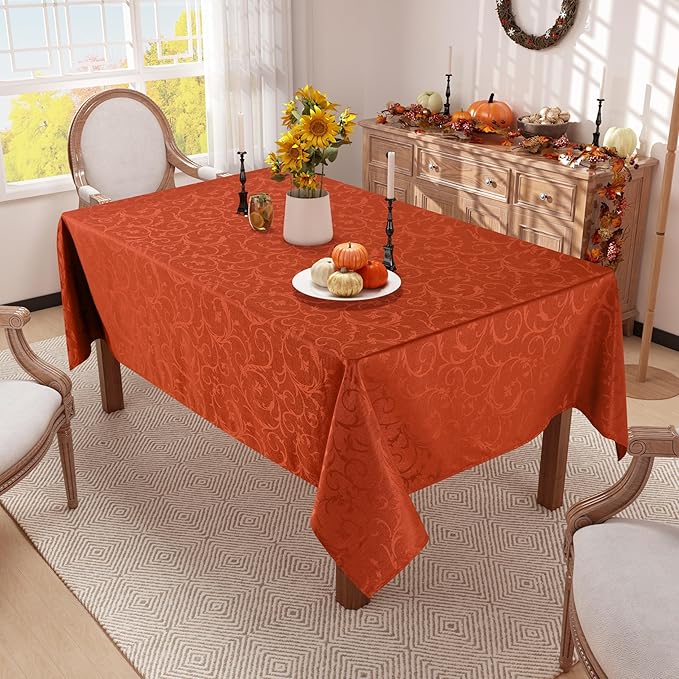 misaya Rectangle Thanksgiving Tablecloth, Waterproof Jacquard Fall Table Cloth, Damask Cloth Table Cover for Harvest Decor (52" x 70", Rust Vine Pattern)