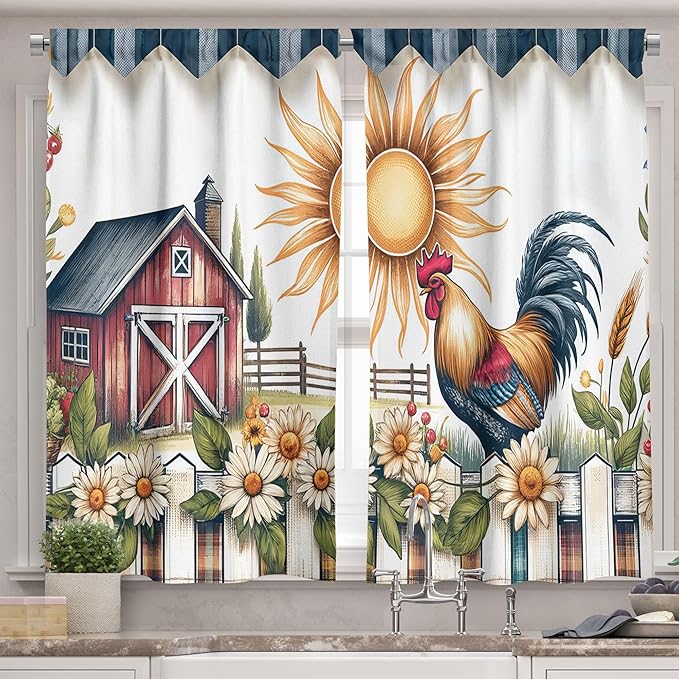 Ambesonne Farmhouse Valance & Tier Curtain 3 pcs Set, Cottagecore Farm Life Pattern with Tartan Rooster Barn and Garden, Window Treatments for Kitchen Room Decor, 55" x 45", Slate Blue Orange Green