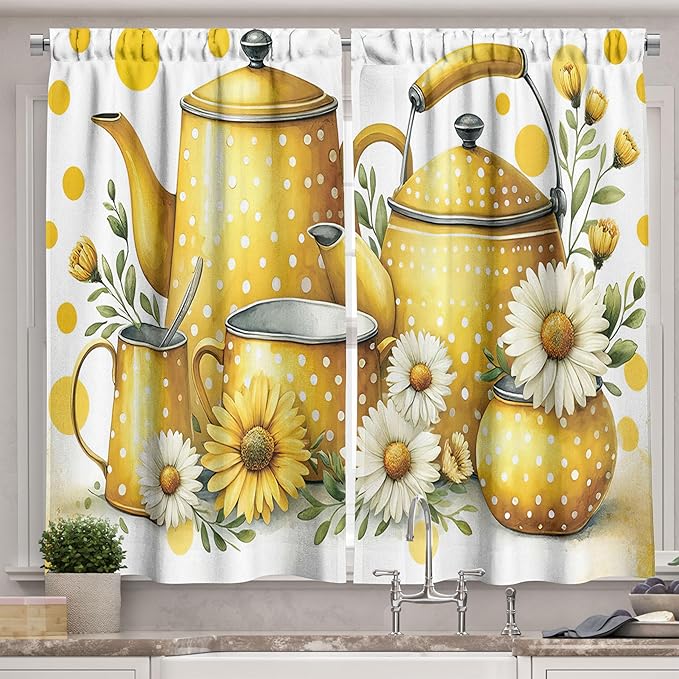 Ambesonne Sunflowers Kitchen Curtains, Delicate Summer Teapots and Polka Dots with Leafy Details Floral, Window Drapes 2 Panel Set for Kitchen Cafe Decor, 55" x 36", Mustard and Hunter Green