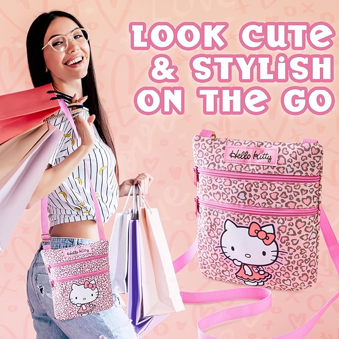 Hello Kitty Sanrio Bag Girls Teens Women Kawaii Anime Shoulder Cross Body Bag Kuromi My Melody Fashion Shopping Travel Gifts (Pink Leopard)