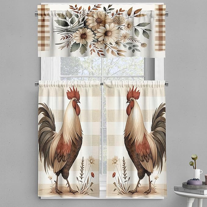 Ambesonne Farmhouse Valance & Tier Curtain 3 pcs Set, Bold Rooster Print and Flowers on Gingham with Rustic Country Style, Window Treatments for Kitchen Room Decor, 55" x 24", Tan Taupe and Dark Pink