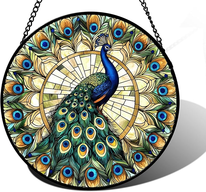 Stained Glass Window Hanging - Retro Peacock Decoration Suncatcher for Door Garden Home Bird Feather Sun Catchers Christmas Mother's Day Birthday Gifts for Women Men Mom Nana Friend 11.8 in