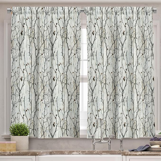 Ambesonne Botanical Valance & Tier Curtain 3 pcs Set, Autumn Vibe with Dried Leaves on Vertical Weathered Wood Planks Back, Window Treatments for Kitchen Room Decor, 55" x 24", Off White Dark Brown