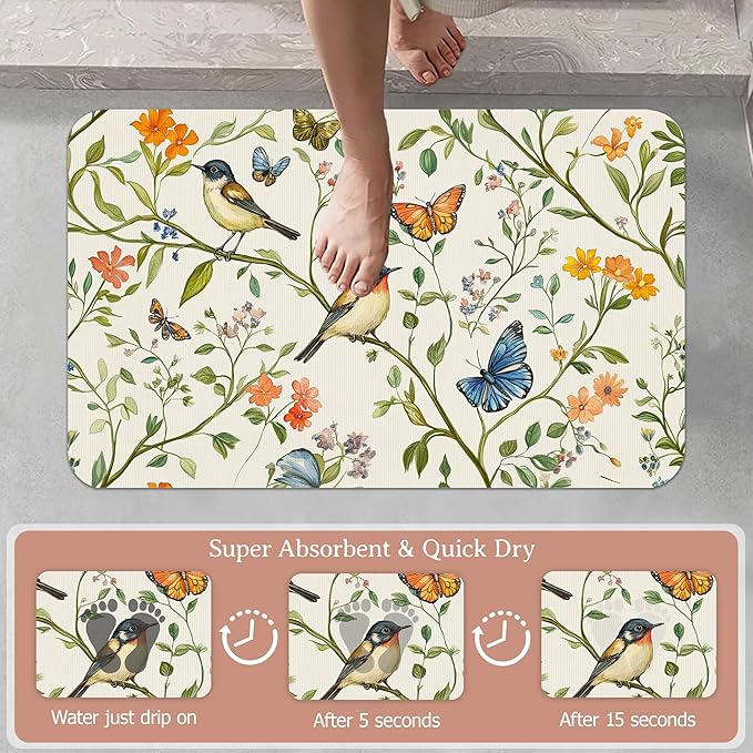 Diatomaceous Earth Bath Mat,Watercolor Birds Butterfly Bath Rugs,Non-Slip Thin Absorbent Fast Drying Easy to Clean for Bathroom Laundry Home Kitchen Door Mat 17x29.5Inch