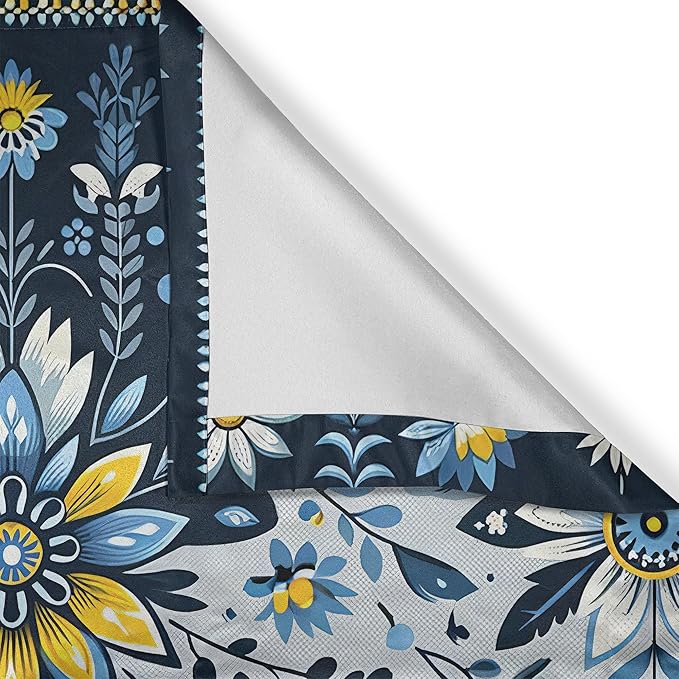 Ambesonne Farmhouse Valance & Tier Curtain 3 pcs Set, Ethnic Flower and Leafy Branch Ornaments with Barn Rooster Field Garden Print, Window Treatments for Kitchen Room Decor, 55" x 45", Blue Yellow