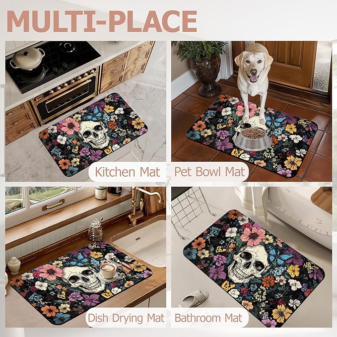 Abstract Skull Bathroom Rugs,Bath Mats for Bathroom,Mexican Skeleton Butterfly Low Pile Absorbent Bath Mat,Rubber Backing Non Slip Washable Thin Quick Dry Door Mat 17x29.5 Inch
