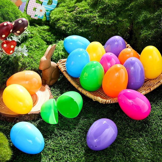 JOYIN 36 PCS 3.15" Easter Eggs with Hanging Ribbon, Colorful Plastic Eggs Empty Fillable, Bright Eggshells for Easter Hunt, Basket Stuffers, Hanging Tree Decor, Party Favor Supplies