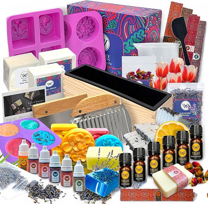 Wallace & Williamson Deluxe Soap Making Kit - Adults & Kids - Modern Floral Theme - Includes Shea Butter Soap Base, Molds, Scents, Dyes, Tools & Instructions