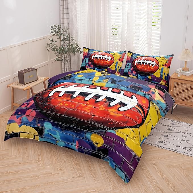 Helloosun 5PCS Football Comforter Set Full,Sports Bedding Sets for Boys,Full Comforter Sets for Boys,Football Bedding Set with Sheets
