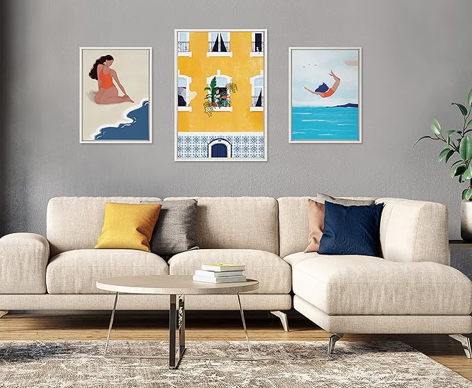 Kate and Laurel Sylvie Lisbon Framed Canvas Wall Art by Maja Tomljanovic; 23x33 White; Contemporary City Balcony Architecture Art for Wall