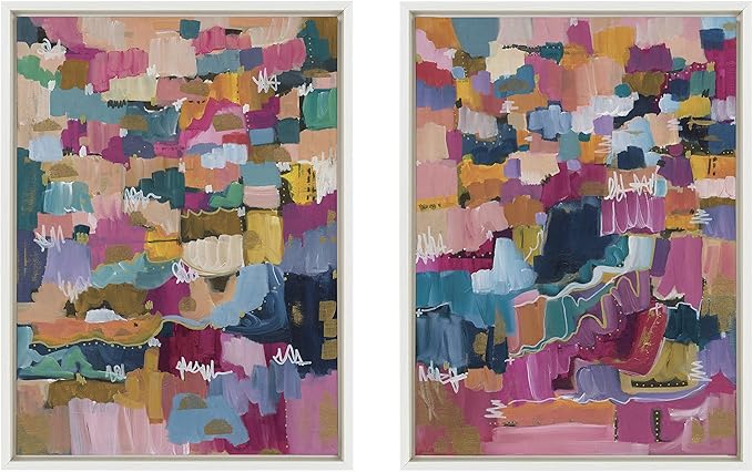 Kate and Laurel Sylvie Applause Framed Canvas Wall Art by Leah Nadeau, Set of 2, 18x24 White, Multicolored Abstract Art Collection for Wall
