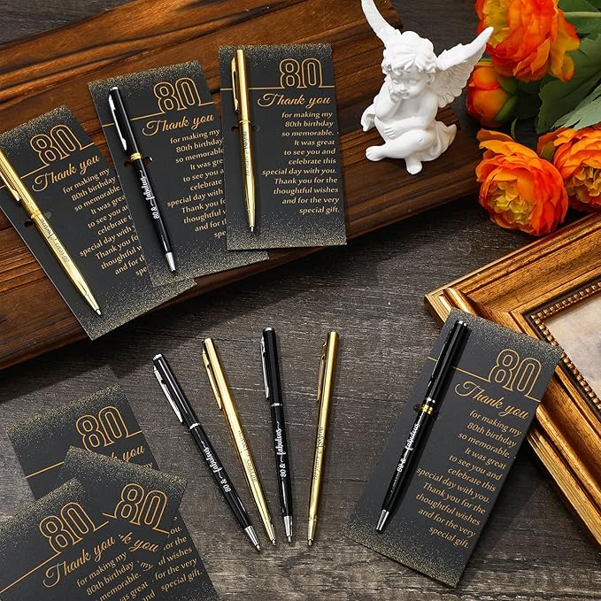 Feifeiy 25 Sets 80th Birthday Party Favors for Guests with Golden Birthday Ballpoint Pens and Thank You Cards for Men Women Anniversary Wedding New Year Gifts