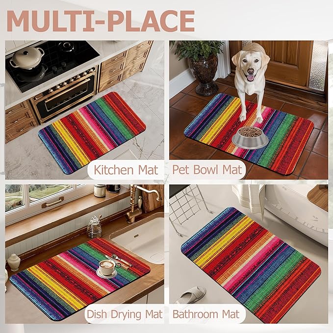Mexican Bathroom Rugs,Bath Mats for Bathroom,Ethnic Stripes Rainbow Low Pile Absorbent Bath Mat,Rubber Backing Non Slip Washable Thin Quick Dry Door Mat 17x29.5 Inch
