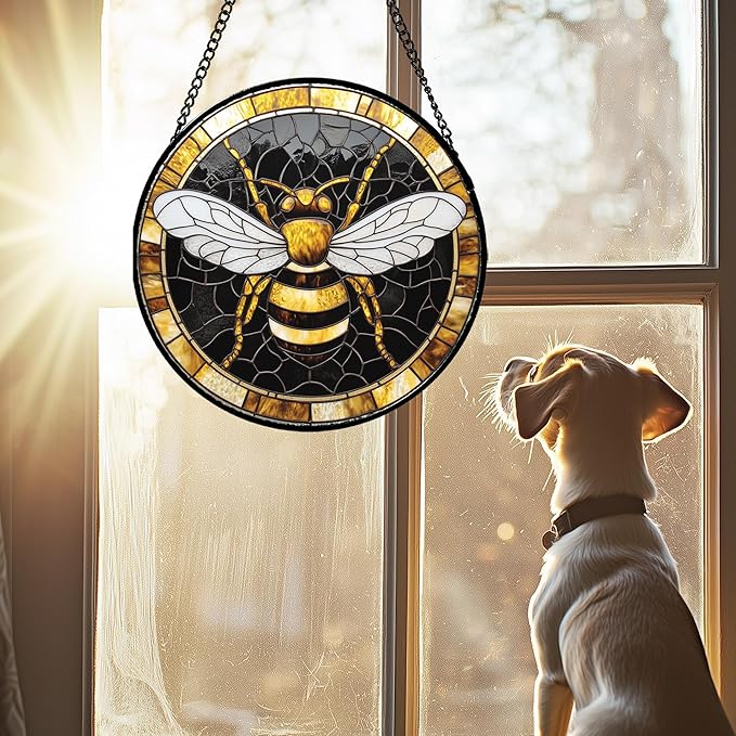Stained Glass Window Hanging - Black Gold Bee White Wings Sun Catcher for Door Home Decor Insect Suncatcher Christmas Mother's Day Birthday Gifts for Women Men Lovers Mom Nana 15 in