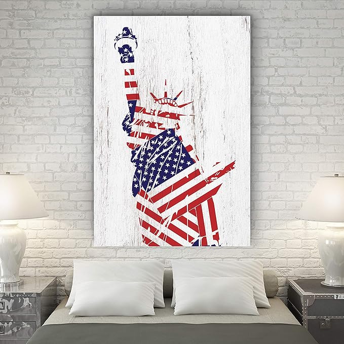 Renditions Gallery Canvas Patriotic Wall Art Paintings & Prints Flag Draped Liberty Statue Rustic Nationalistic Pride Canvas Wall Hanging Artwork for Bedroom Office Kitchen - 24"x32" LT25