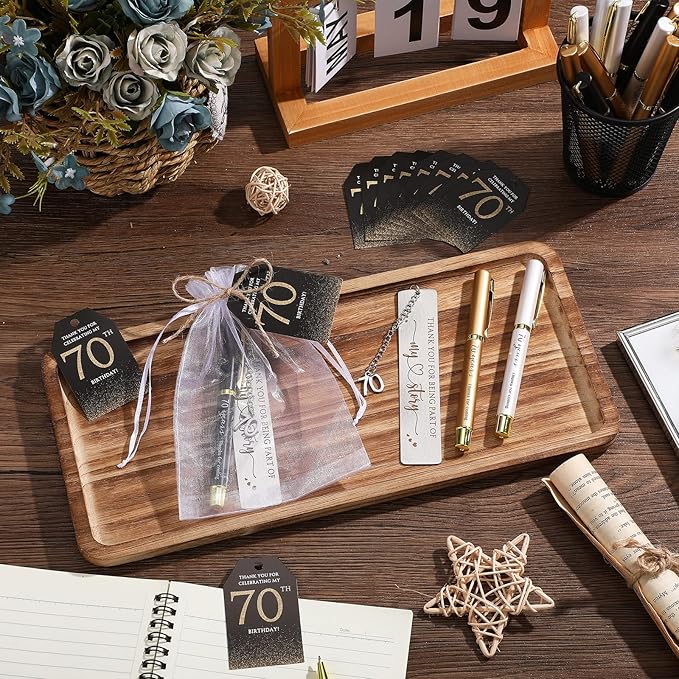 25 Sets Birthday Favors for Guests 25 Thanks for Coming Ballpoint Pens 25 Bookmarks 25 Cards with Organza Bag for Adult Birthday Anniversary Party Souvenir(Metal-70th)