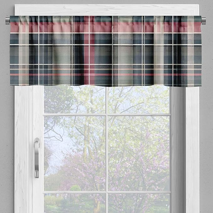 Ambesonne Buffalo Plaid Window Valance Pack of 2, Modern Tartan Design with Gentle Lines Classic Timbermen Pattern, Rod Pocket Curtain Valances Kitchen Bedroom, 42" X 18",Pink and Grey