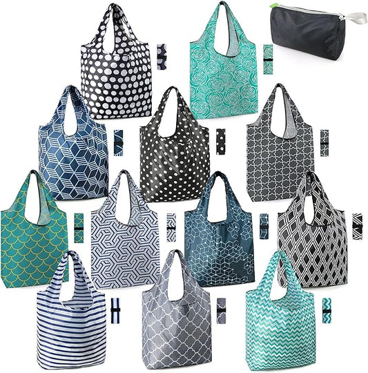 BeeGreen Reusable Grocery Bags Lightweight Durable Shopping Bags Washable Foldable 12 Pack Xlarge Classic Geometric Design Gift Tote Grocery Bags with Elastic Band and Separated Zipper Storage Pouch