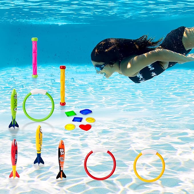 JOYIN 18Pcs Diving Pool Toys for Kids, Swimming Pool Toy with Storage Bag Includes 4 Pool Rings, 4 Diving Sticks, 4 Bandits, 6 Treasures Underwater Swim Pool Games for Ages 8-12