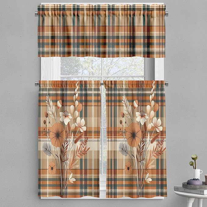 Ambesonne Botanical Valance & Tier Curtain 3 pcs Set, Rustic Plaid Tartan Squares and Meadow Blossoms Gentle Floral Bouquets, Window Treatments for Kitchen Room Decor, 55" x 45", Orange Tan Grey Teal