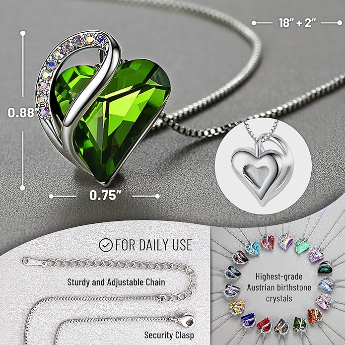 Leafael Valentine's Day Gift Necklaces for Women, Infinity Love Birthstone Heart Crystal Pendant, Birthday Anniversary Jewelry for Wife, Mom, and Her, Silver Plated, 18" + 2" Adjustable Chain