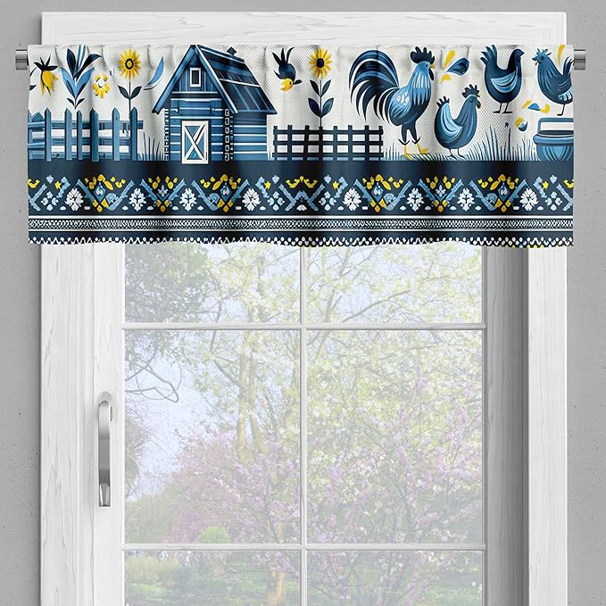 Ambesonne Farmhouse Window Valance Pack of 2, Modern Scandinavian Floral Ornate Barn Scenario Roosters Sunflowers, Rod Pocket Curtain Valances Kitchen Bedroom, 42" X 18",Blue Yellow