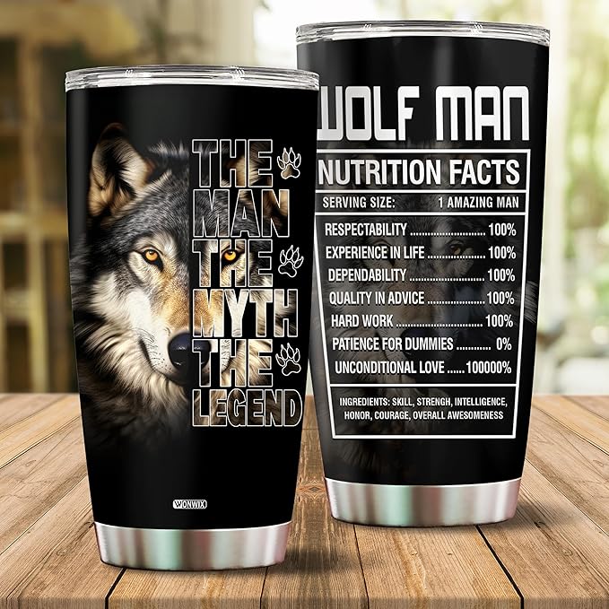 Wolf Gifts for Men Wolves Gift for Wolf Lovers Him Dad Husband Legend Facts Tumbler Cup 20oz Insulated Stainless Steel Travel Coffee Mug with Lid Birthday Christmas Fathers Day