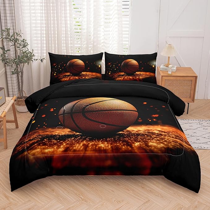Helloosun 5PCS Basketball Bedding Full,Boys Sports Comforter Set,Full Basketball Comforter for Boys,Red and Black Court Bed Set