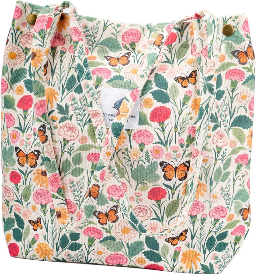 Corduroy Tote Bag Cute Tote Bags for Women Shoulder Bag with Inner Pocket for Work Beach Travel and Shopping Grocery