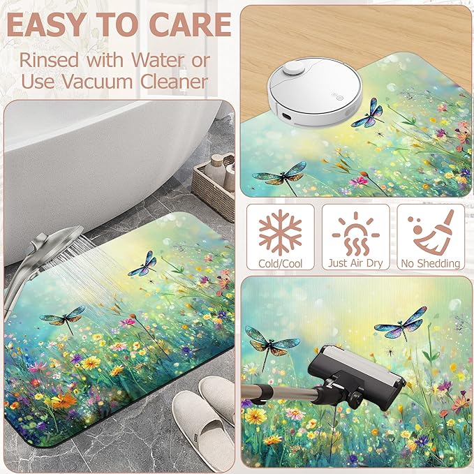 Non Slip Bath Mat,Dragonfly Bathroom Decor,Colorful Flowers Diatomaceous Bath Mat Quick Dry Absorbent Bathroom Rugs-Shower Rug for Kitchen Laundry Bathtub Shower 17"x29.5"