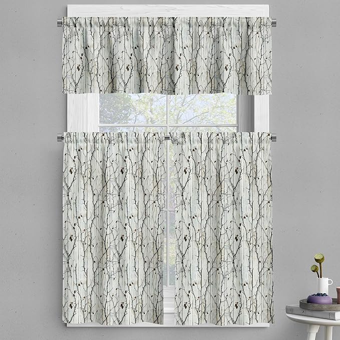 Ambesonne Botanical Valance & Tier Curtain 3 pcs Set, Autumn Vibe with Dried Leaves on Vertical Weathered Wood Planks Back, Window Treatments for Kitchen Room Decor, 55" x 30", Off White Dark Brown