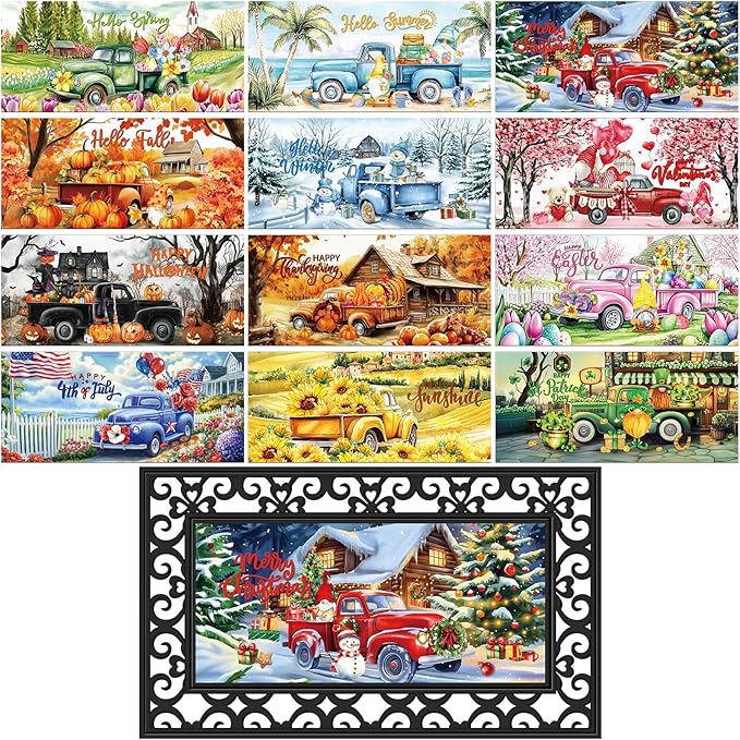 Nuanchu 12 Pcs Seasonal Door Mat Interchangeable Doormat Inserts Entrance Welcome Mats 22 x 10 Inches Non Slip Mats Gifts for Front Door Christmas Thanksgiving Decoration (No Frame)(Truck)