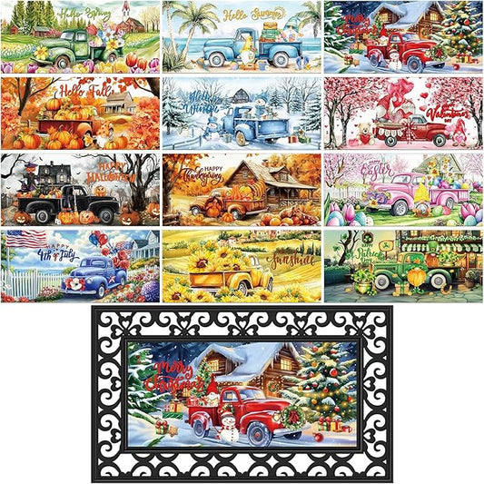 Nuanchu 12 Pcs Seasonal Door Mat Interchangeable Doormat Inserts Entrance Welcome Mats 22 x 10 Inches Non Slip Mats Gifts for Front Door Christmas Thanksgiving Decoration (No Frame)(Truck)
