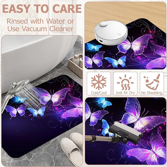 Diatomaceous Earth Bath Mat,Flying Butterflies Bath Rugs,Glowing Stars Non-Slip Thin Absorbent Fast Drying Easy to Clean for Bathroom Laundry Home Kitchen Door Mat 17x29.5Inch