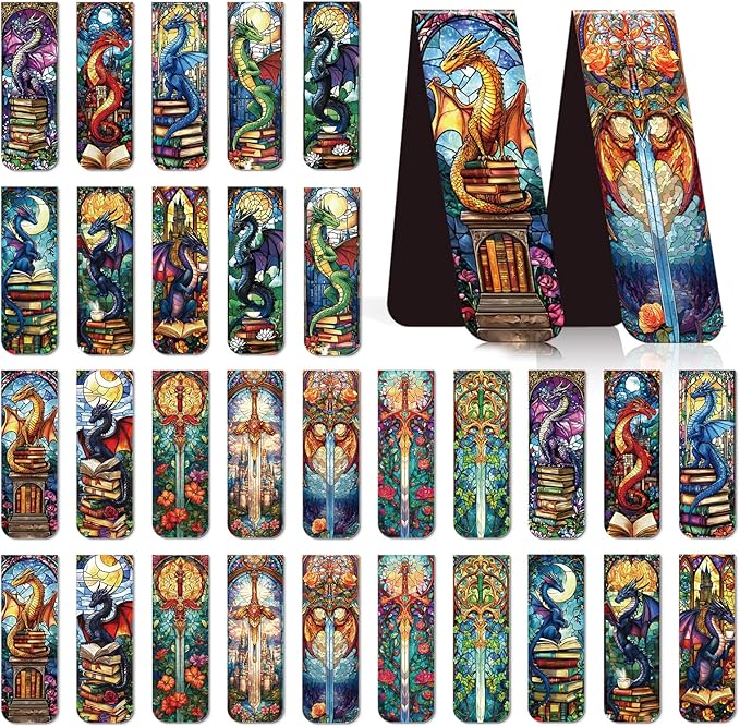 Dragon Sword Bookmark Magnetic Gifts - Wxiben 30 Pcs Stained Glass Window Dragon Bookmarks Magnets Fantastic Book Marks Page Marker Clip Gift for Women Men Students Teacher Reading Bookish