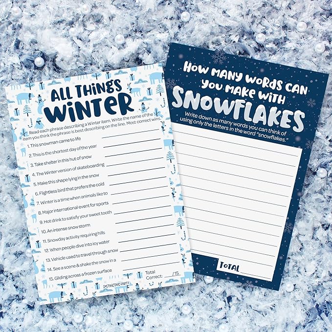 DISTINCTIVS Winter Holiday Party Bundle All Things Winter Trivia Guessing Game & Snowflakes Anagram Word Game - 25 Dual Sided Cards for Players