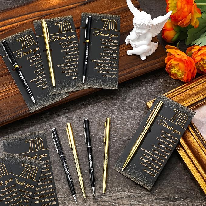 25 Sets 70th Birthday Themed Party Favors for Guests Including Birthday Ballpoint Pens and Black Gold Thank You Cards for Guests New Year Anniversary Appreciation Gifts