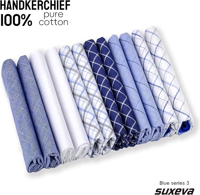 Gifts Cotton Handkerchiefs 100% Soft Cotton 12-Pack White handkerchif and Blue cotton handkerchief for Men and Women