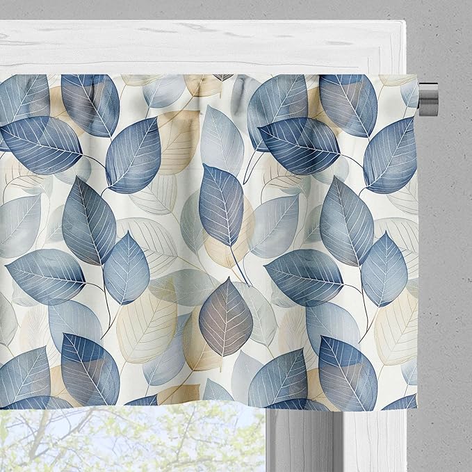 Ambesonne Autumn Leaves Window Valance Pack of 2, Urban Jungle Themed Falling Pale Tone Leafy Peduncles Pattern, Rod Pocket Curtain Valances for Kitchen Bedroom, 42" X 12", Dark Night Blue and Beige