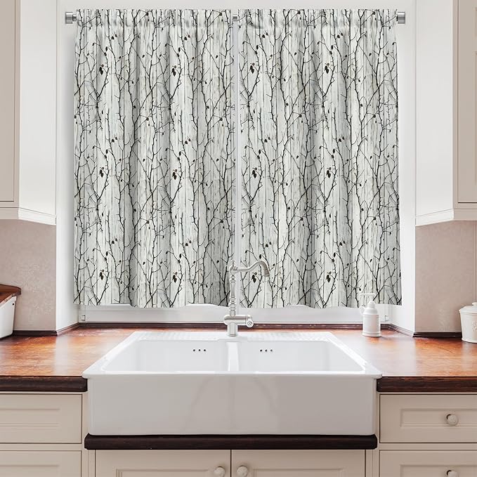Ambesonne Botanical Autumn Kitchen Curtains, Farmhouse Countryside Vibes Weathered Planks with Dried Branches, Window Drapes 2 Panel Set for Kitchen Cafe Decor, 55" x 30", Off White Dark Brown