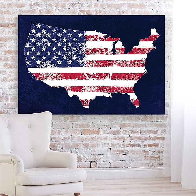 Renditions Gallery Nature Wall Art Paintings Window View Prints Vintage Faded American Flag Glam Patriotic Modern Blue American Map Decorations for Bedroom Office Kitchen - 16"x20" LT25