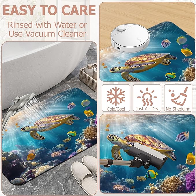 Diatomaceous Earth Bath Mat,Sea Turtle Bath Rugs,Fish Coral Colorful Non-Slip Thin Absorbent Fast Drying Easy to Clean for Bathroom Laundry Home Kitchen Door Mat 17x29.5Inch